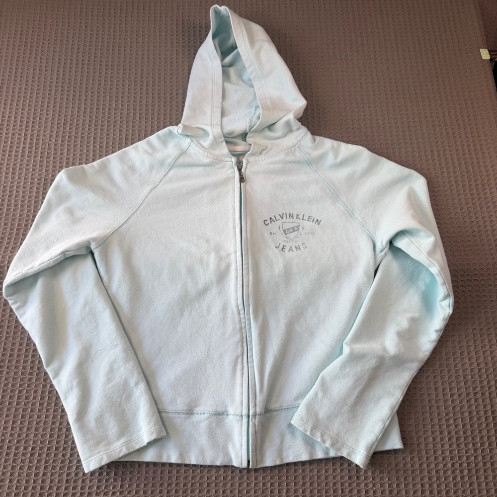 Calvin Klein Jeans Womens Light Blue Full Zip Hoodie Sweatshirt Logo Medium